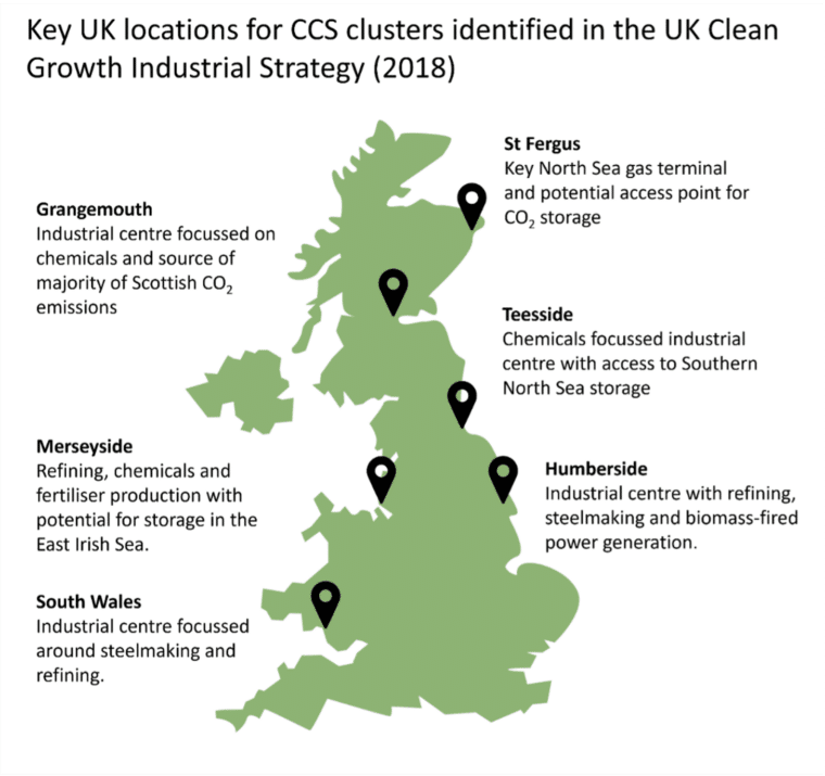 Key UK locations for CCS clusters.