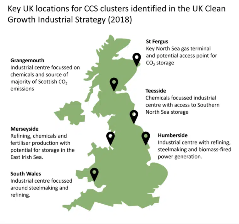Key UK locations for CCS clusters.