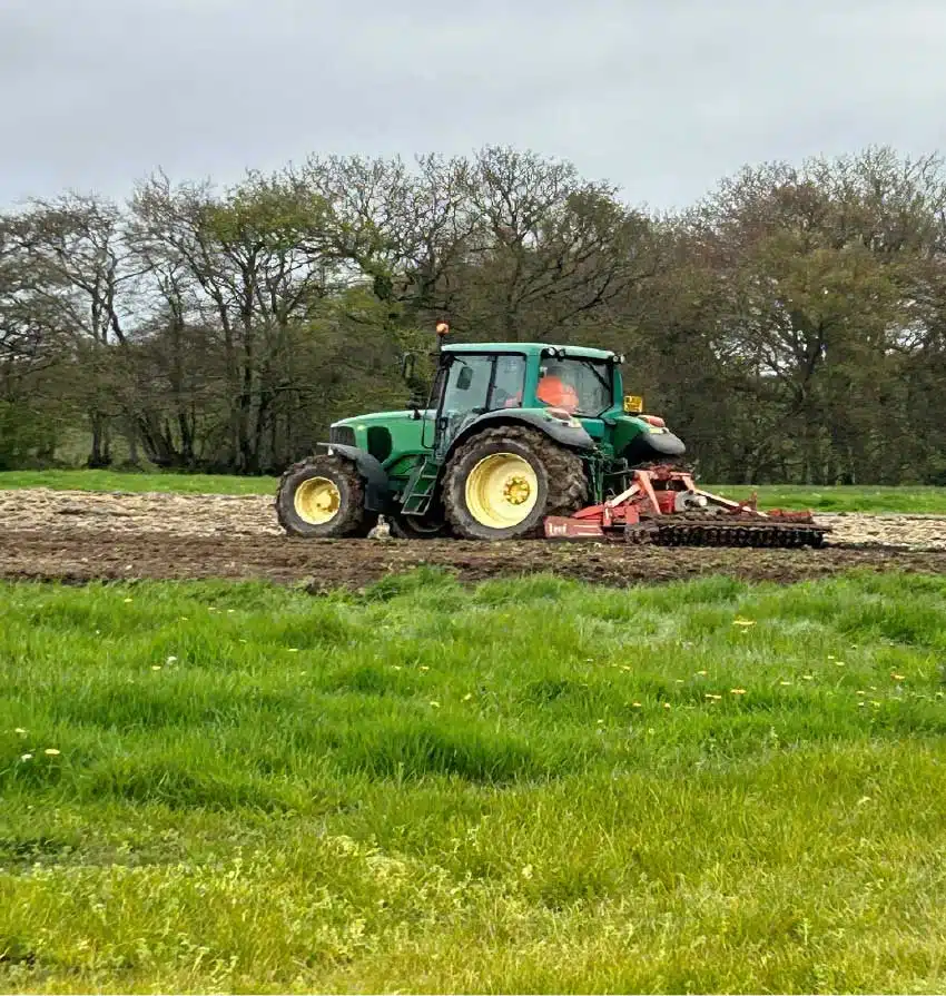 Power Harrowing of plot for Miscanthus variety trial by one of the North Wyke farm team.