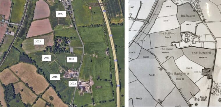 Figure 1: Aerial map showing the locations for different willow plots at Chester Zoo.